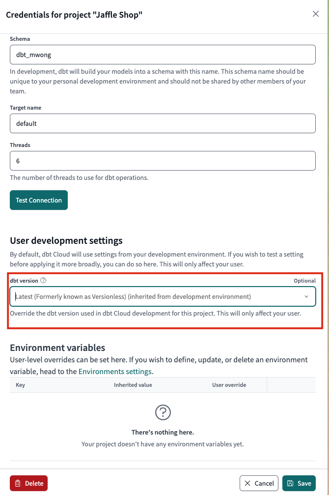 Example of overriding the dbt version on your user account Example of overriding the dbt version on your user account