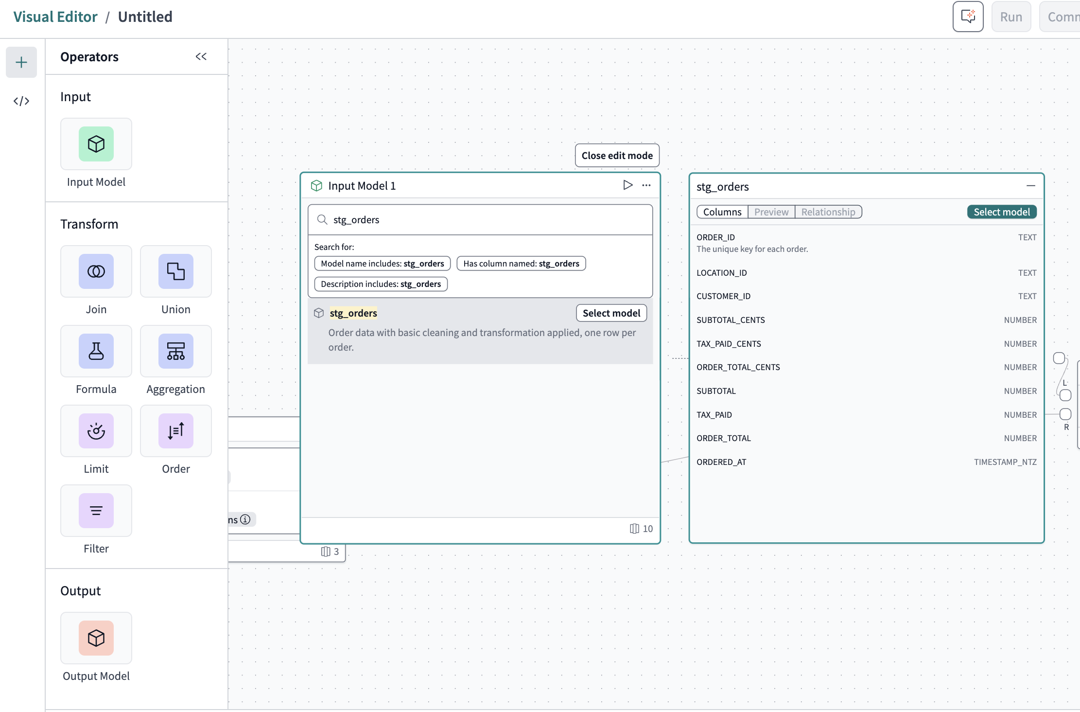 A sleek drag-and-drop canvas interface that allows you to create or modify dbt SQL models. A sleek drag-and-drop canvas interface that allows you to create or modify dbt SQL models.