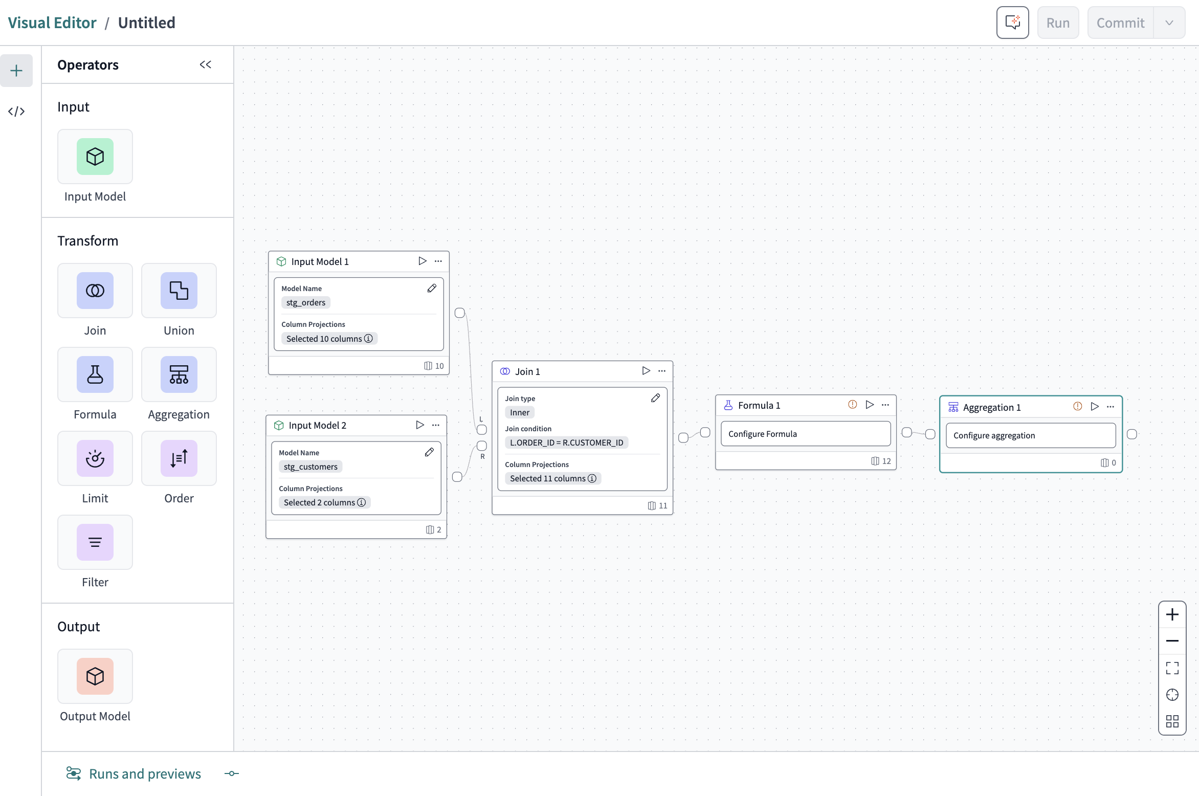 Create or edit dbt models with the Visual editor, enabling everyone to develop with dbt through a drag-and-drop experience inside of dbt Cloud. Create or edit dbt models with the Visual editor, enabling everyone to develop with dbt through a drag-and-drop experience inside of dbt Cloud.